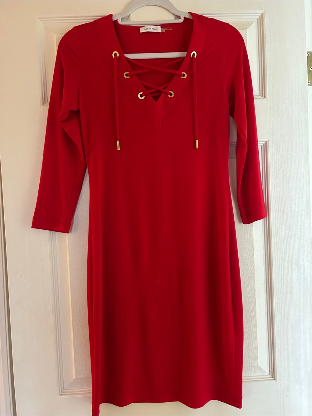 Calvin Klein Red Lace-Up V-Neck with quarter length Sleeve Dress